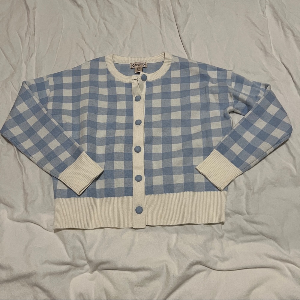 Nanette Lepore Gingham Cardigan Sweater Blue & White Medium